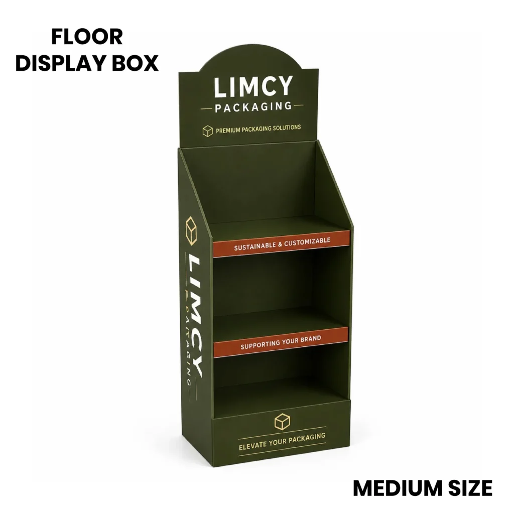 Medium floor display box with multiple shelves for retail aisles