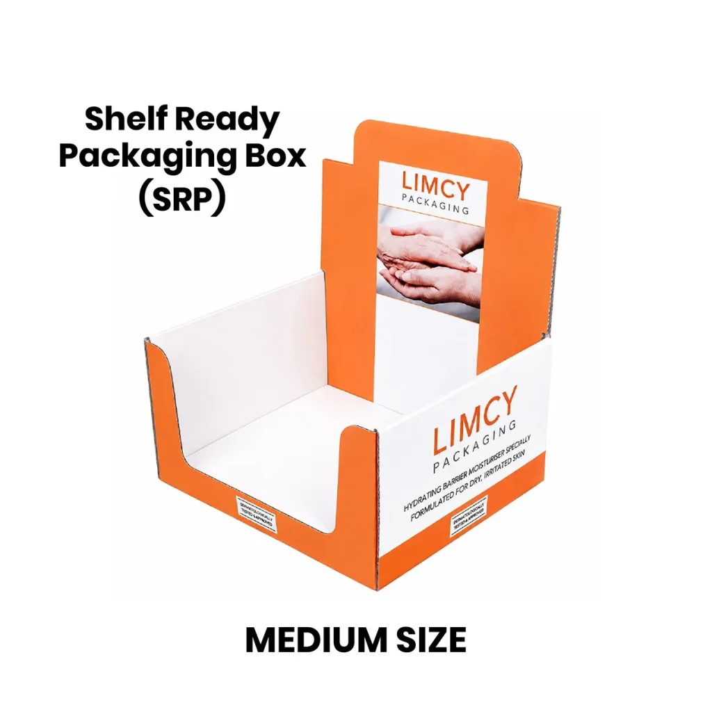 Medium orange and white shelf-ready display box with a raised product header