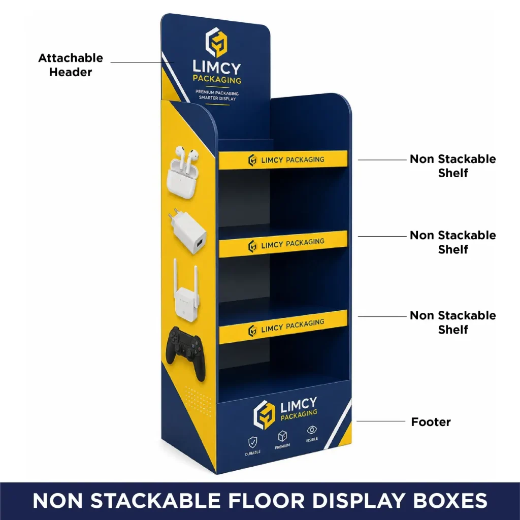 Non-stackable corrugated floor display box for retail.