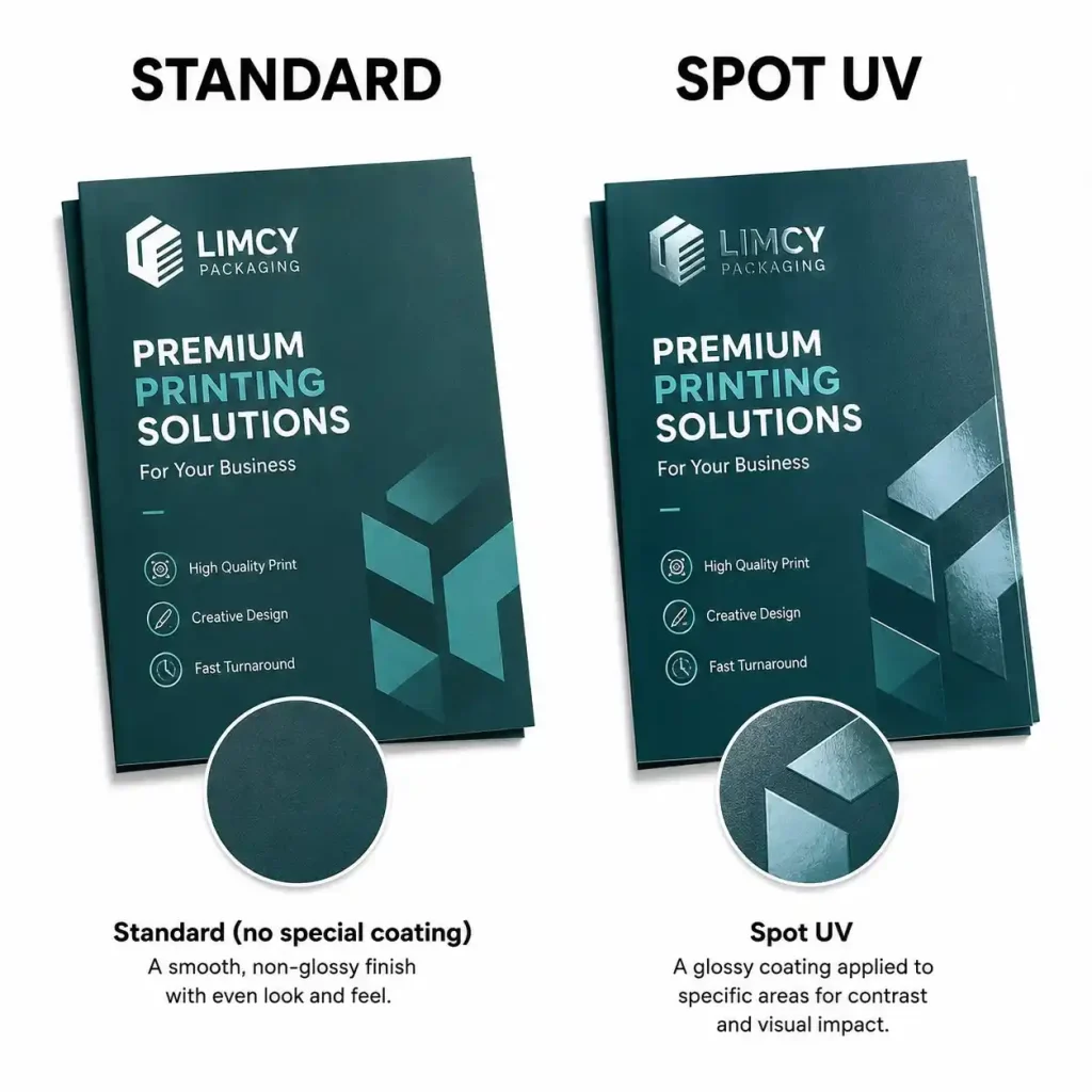 Printed booklet cover comparison showing standard matte print versus spot UV gloss coating on design elements