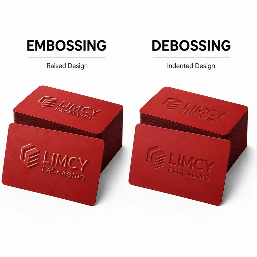 Stack of cards showing raised design versus recessed design logo finishing