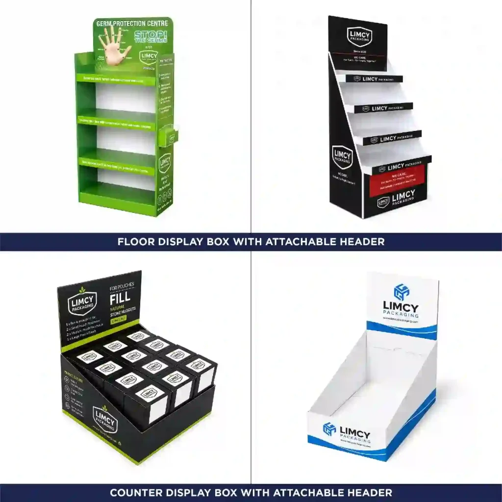 Floor and counter display boxes with attachable header cards by Limcy Packaging