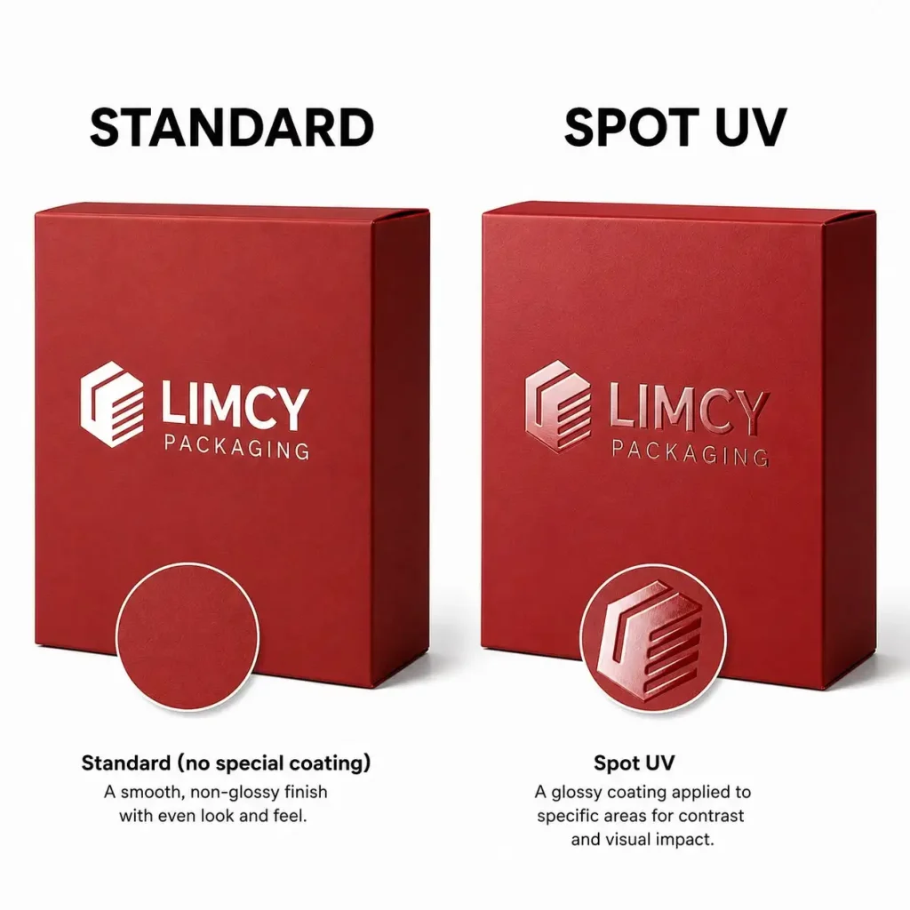 Custom rigid gift box comparison showing standard matte finish versus spot UV coated Limcy Packaging logo