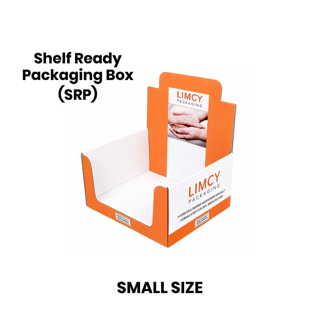 Small orange and white shelf-ready display box with a raised product header
