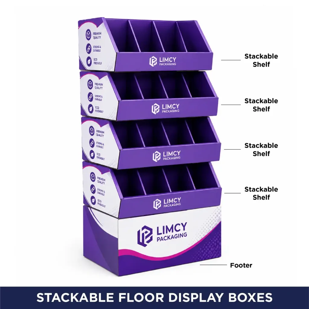 Purple stackable corrugated floor display box.