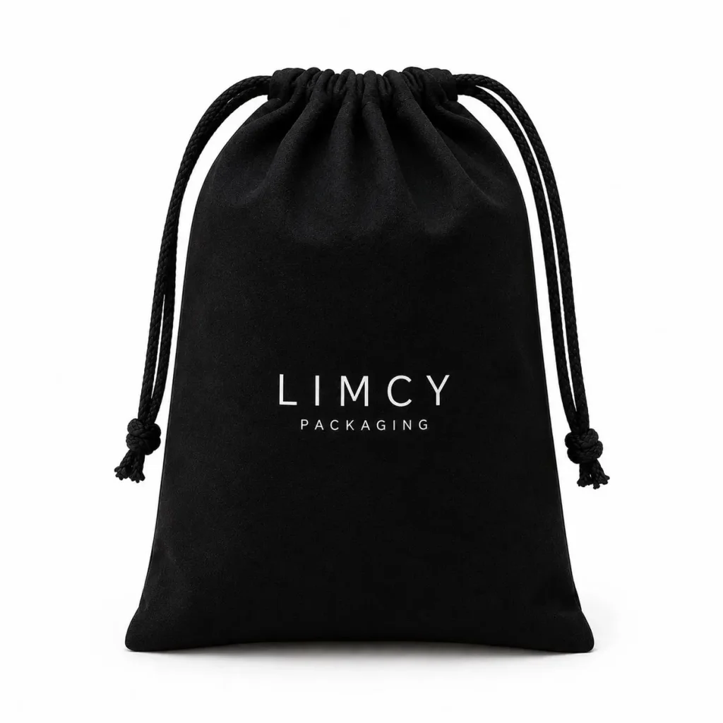 Black custom velvet drawstring pouch with logo for luxury product packaging