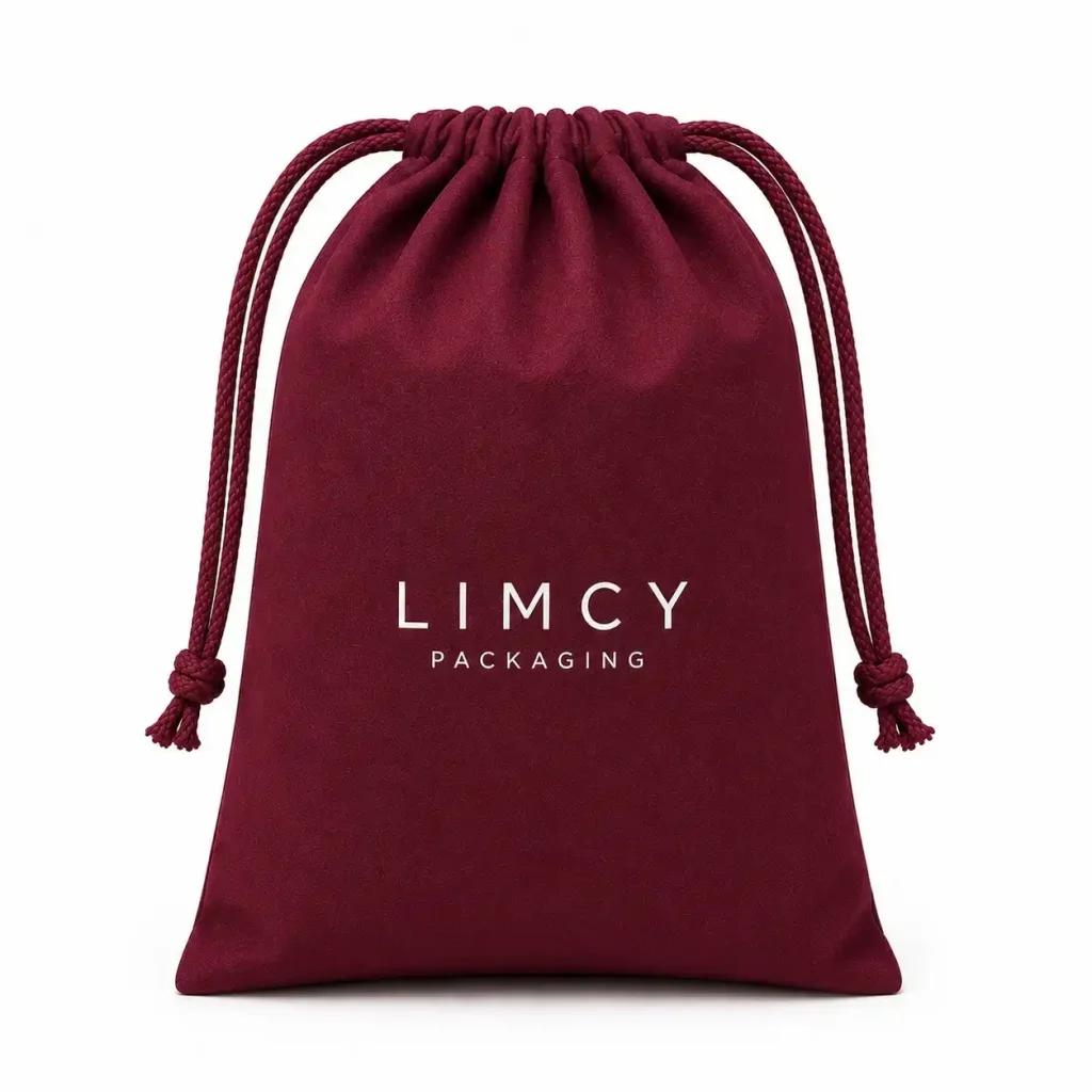 Burgundy custom velvet drawstring pouch with printed logo for jewelry packaging