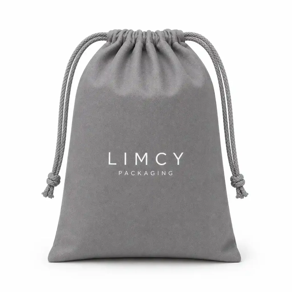Gray custom velvet drawstring pouch with logo for gift and jewelry packaging