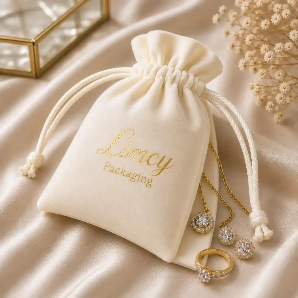 Beige velvet jewelry pouch with logo, ideal for wholesale gift packaging