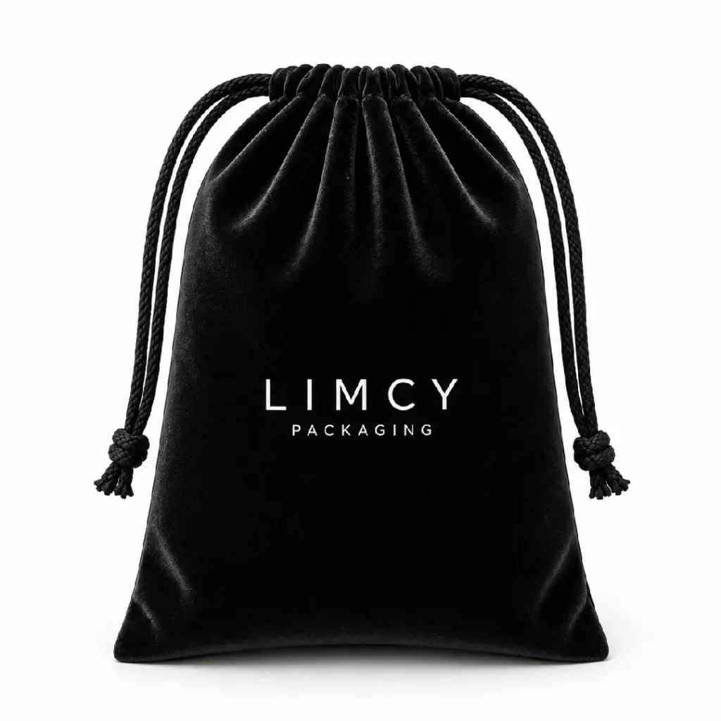 Black custom velvet drawstring pouch with logo