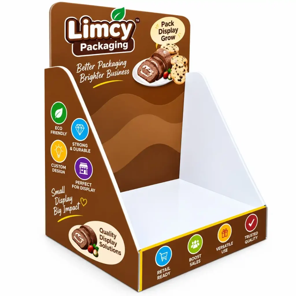 Countertop PDQ display box for food and snack products at checkout