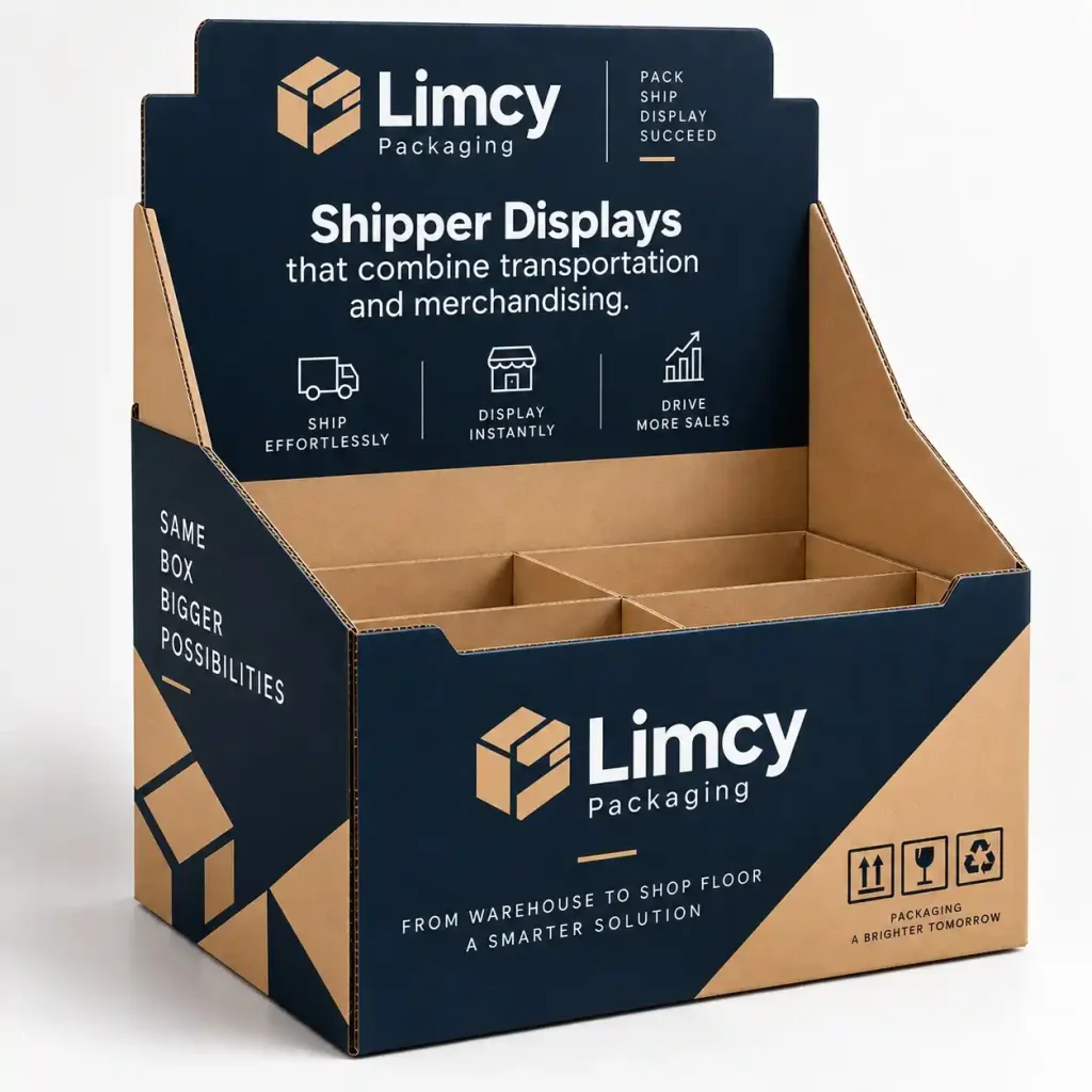 Corrugated shipper display with an open product area and printed header panel