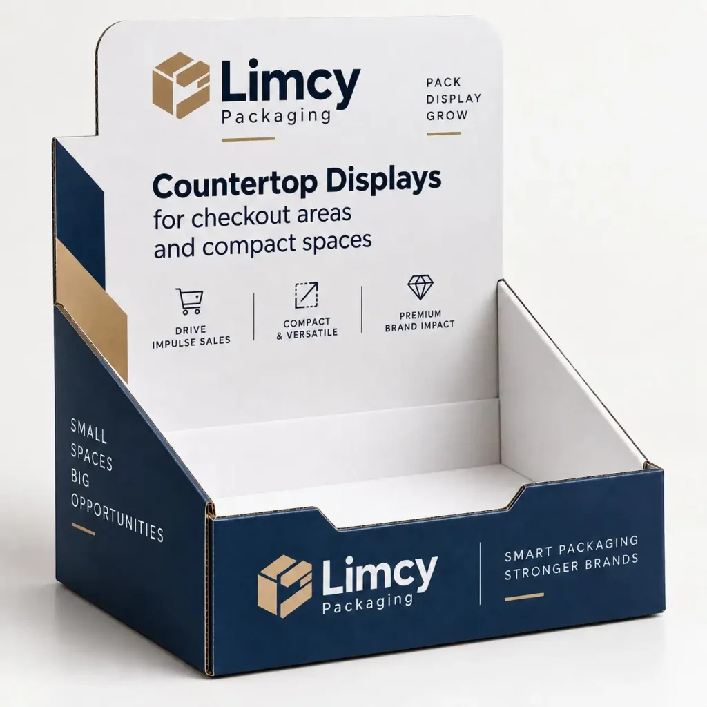 Cardboard countertop display with an open product area and printed header panel