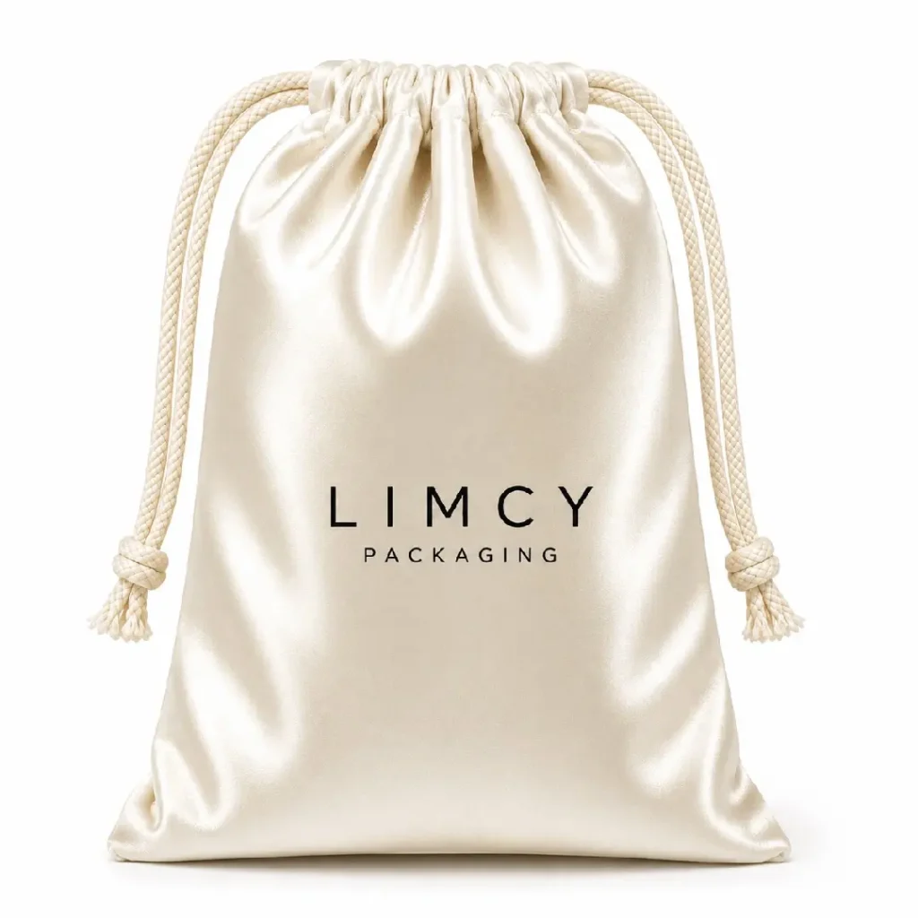 Cream satin drawstring pouch with branded logo