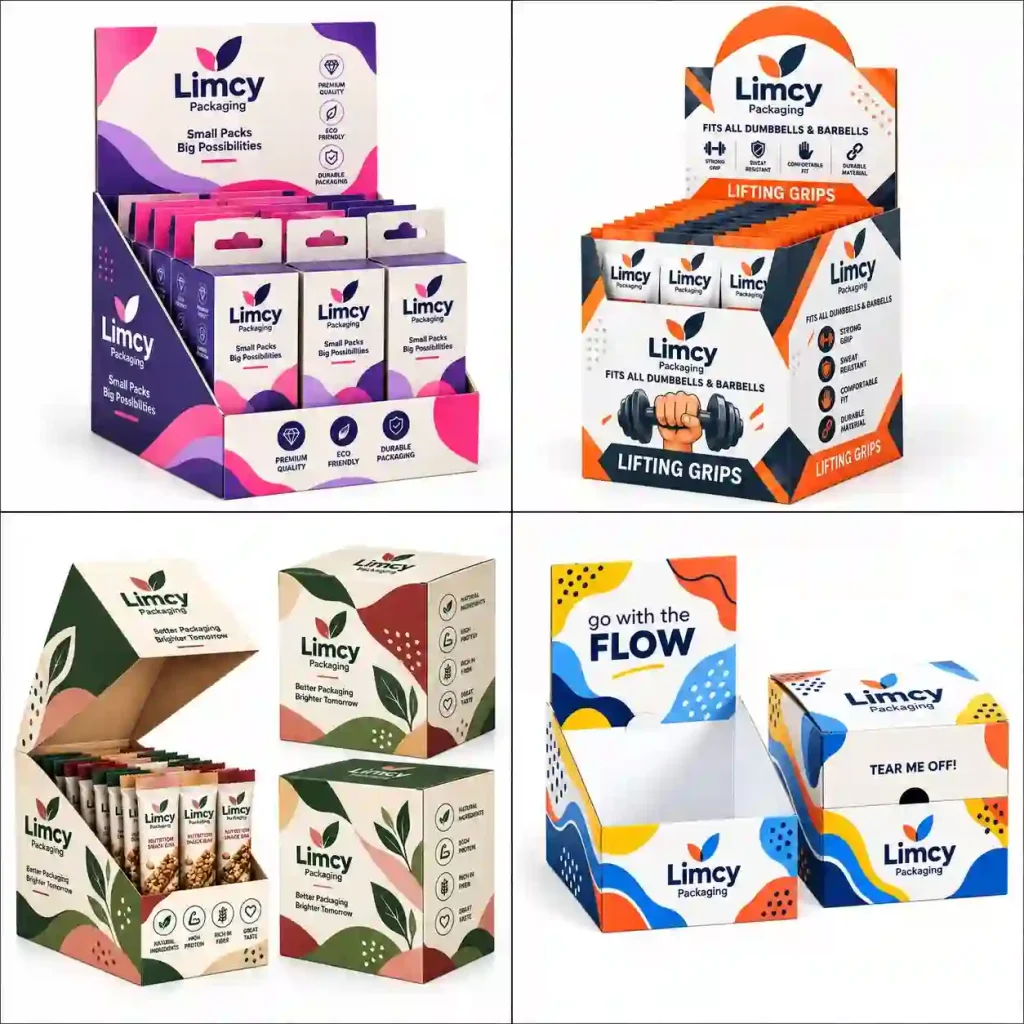 Custom cardboard PDQ displays collage showing shelf-ready retail packaging styles by Limcy Packaging