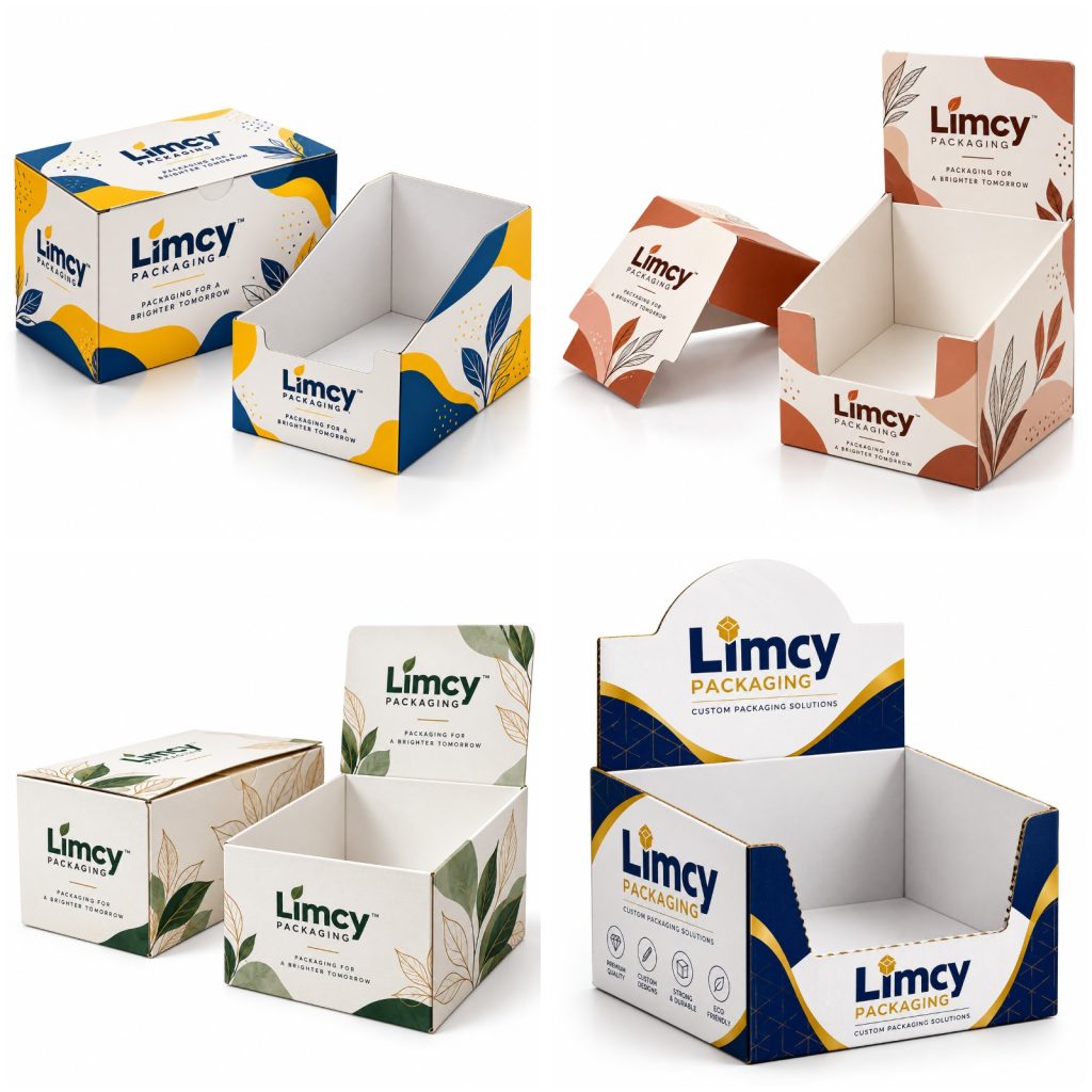 Custom countertop PDQ display box designs in different sizes and finishes