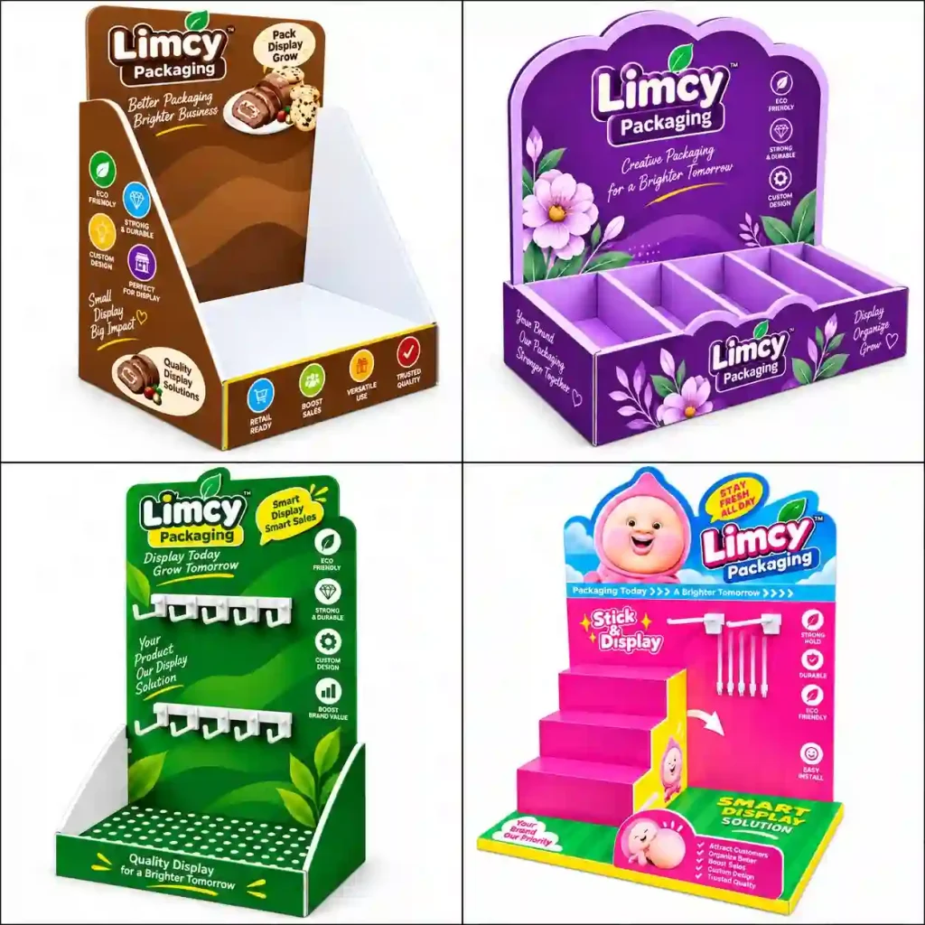 Custom countertop PDQ displays by Limcy Packaging for retail checkout counters
