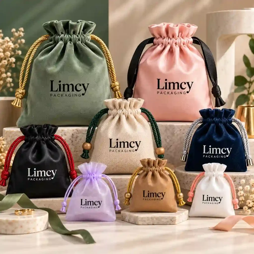 Custom drawstring pouches in different colors and styles including velvet, satin and organza