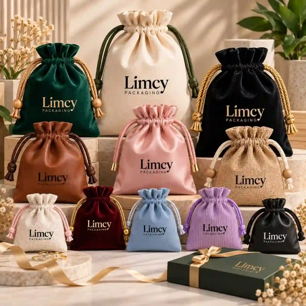 Custom drawstring pouch packaging in velvet, cotton, satin and jute with matching gift box and tags