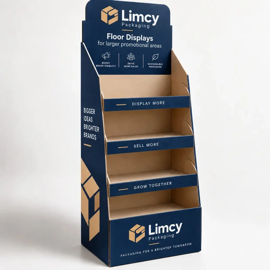 Tall cardboard floor display with multiple shelves for retail products