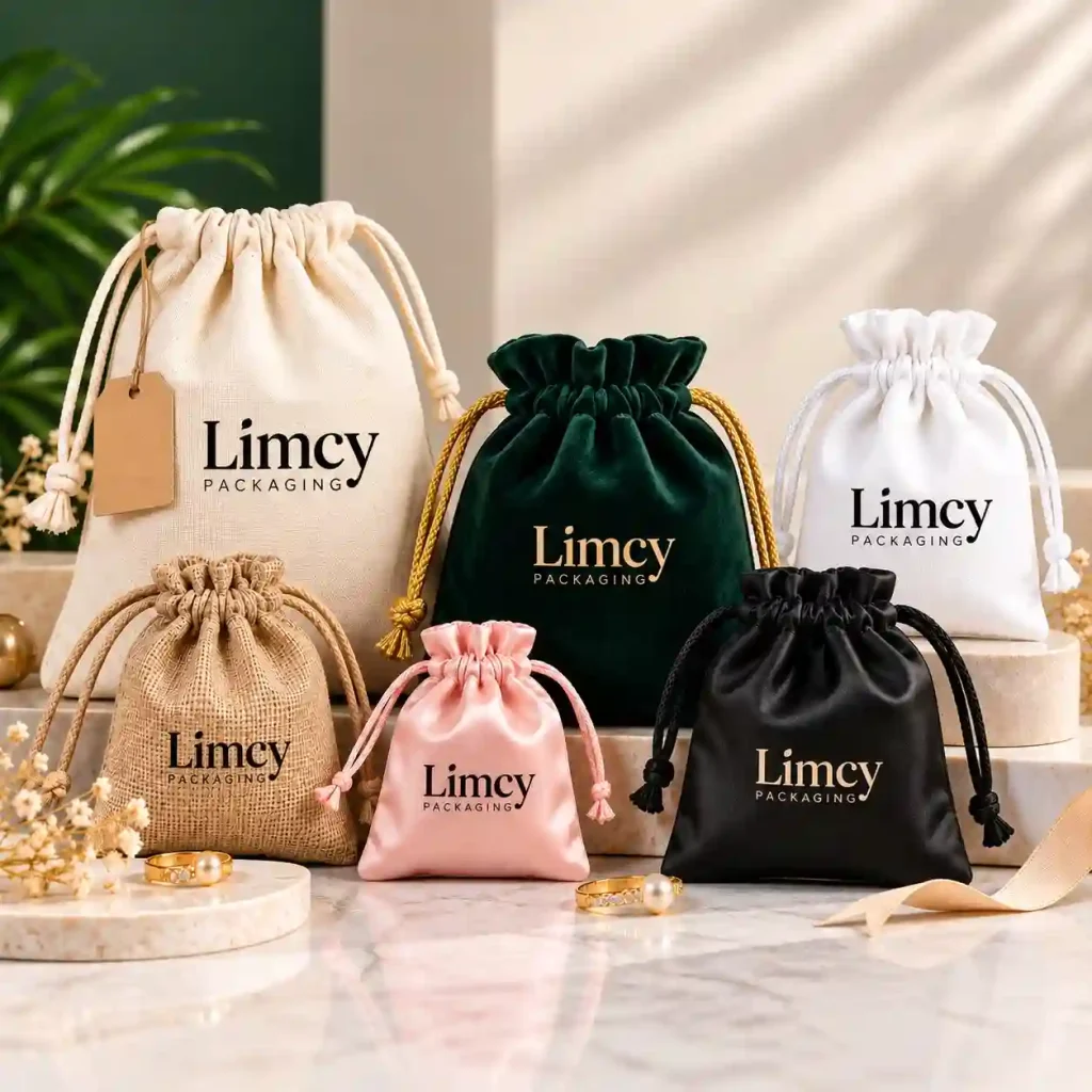 Custom jewelry pouch packaging in different sizes and fabrics with rings displayed alongside