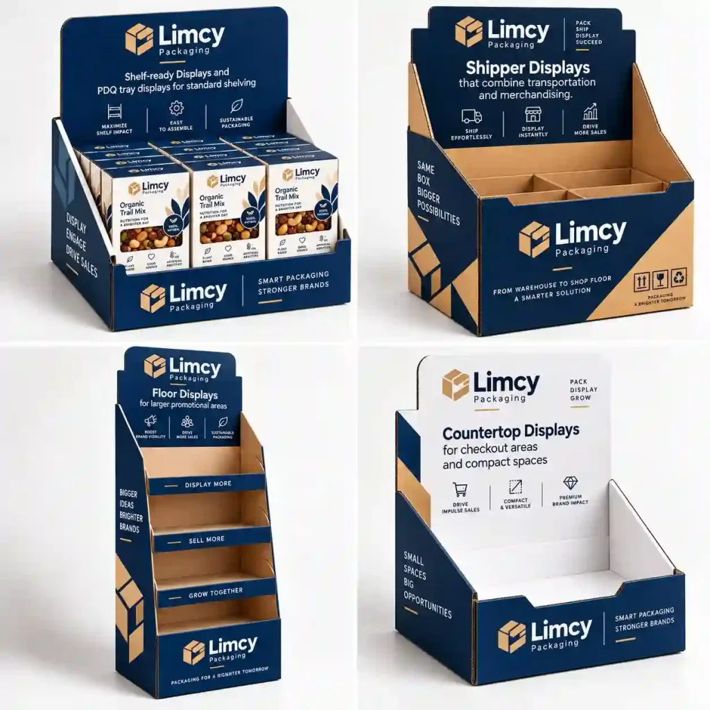 Four custom retail display styles including shelf-ready, shipper, floor, and countertop displays