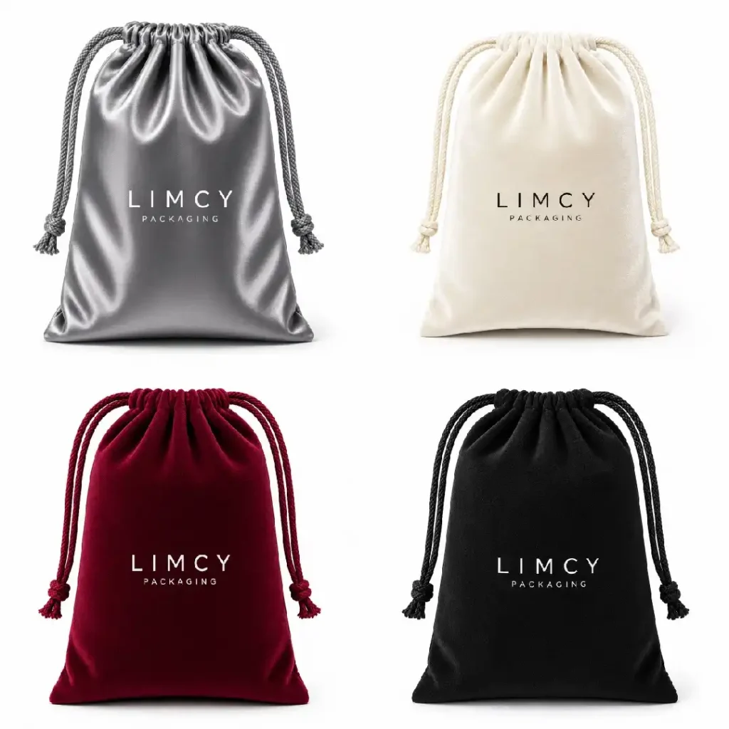 Custom velvet drawstring pouches with logo in grey, cream, maroon, and black