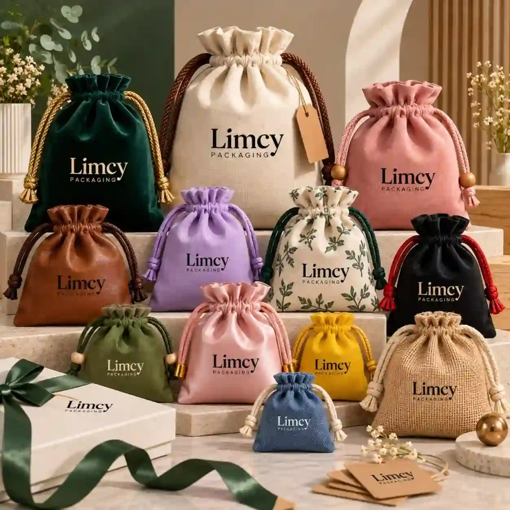 Custom velvet and satin drawstring pouches in multiple colors for jewelry and gift packaging