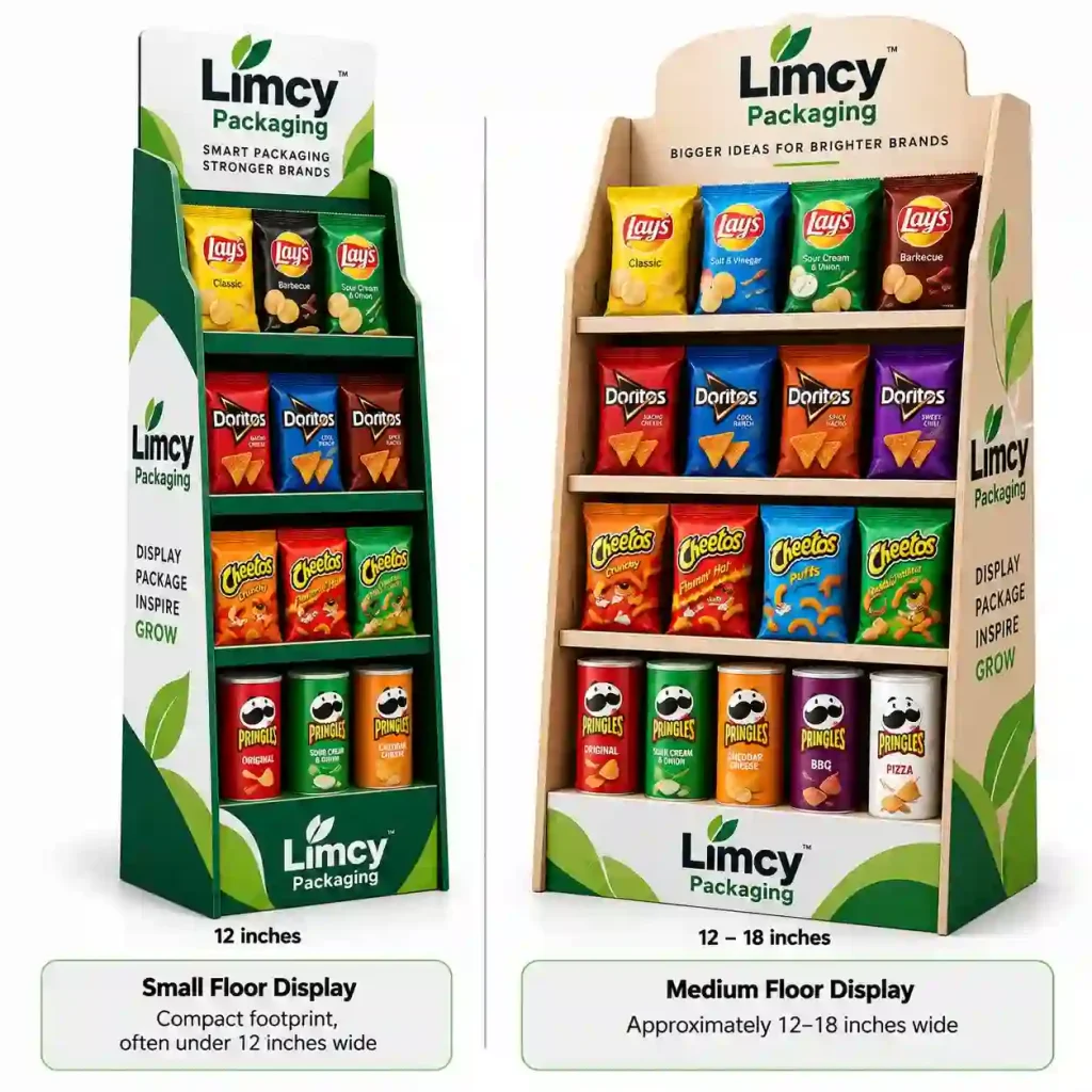 Small vs medium floor PDQ display sizes for retail chip and snack brands