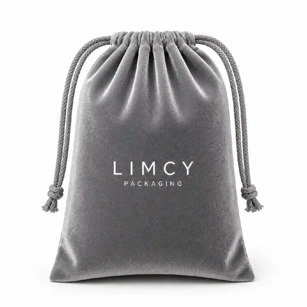 Grey custom velvet drawstring pouch with Limcy logo