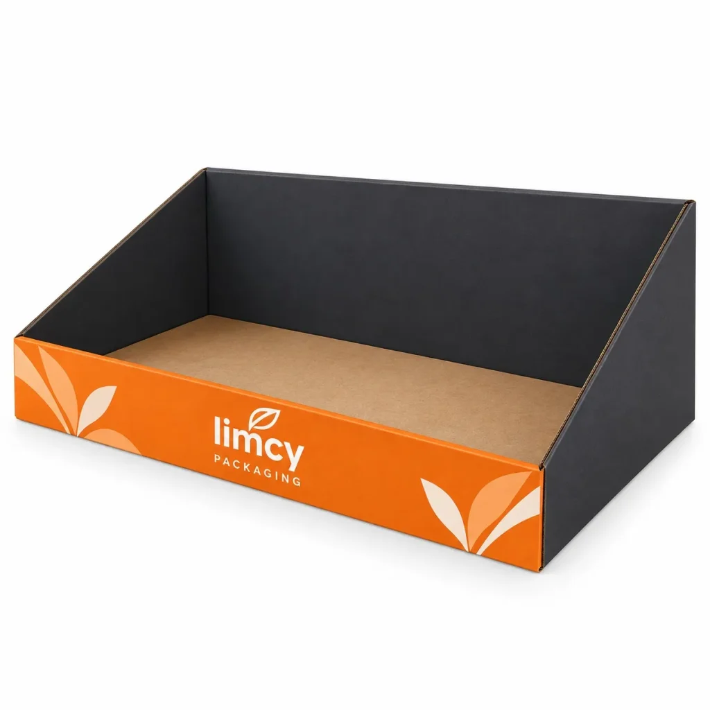 High-wall PDQ tray display in black and orange retail packaging