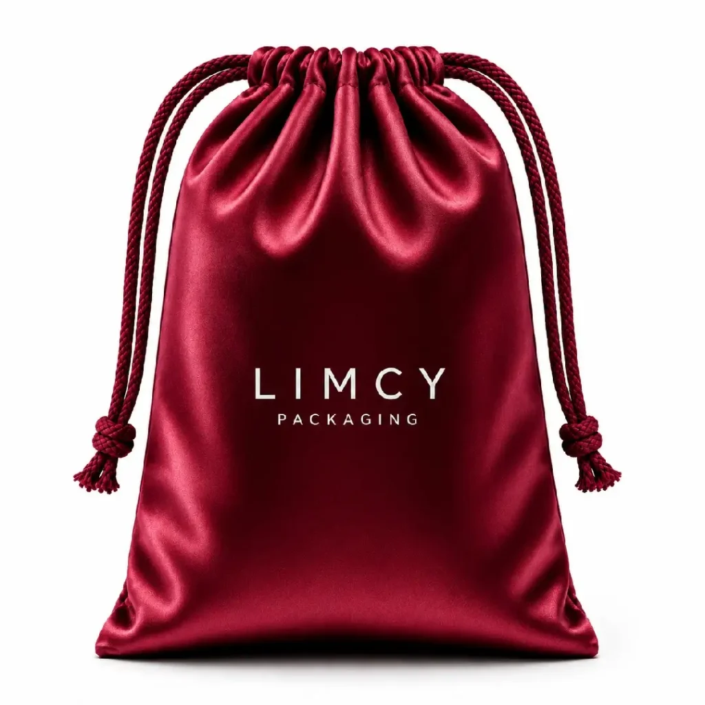 Maroon satin drawstring pouch with branded logo