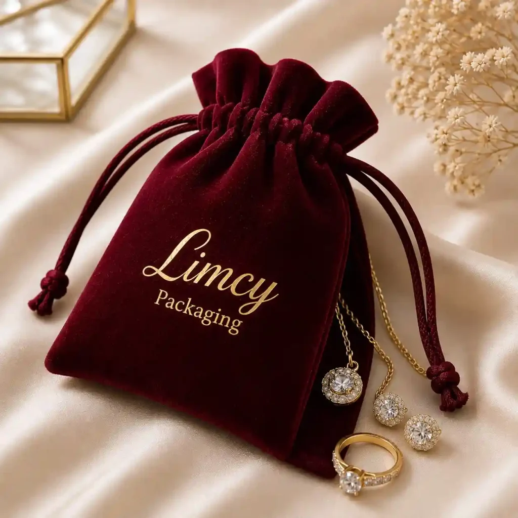 Maroon velvet drawstring pouch with personalized logo for jewelry packaging