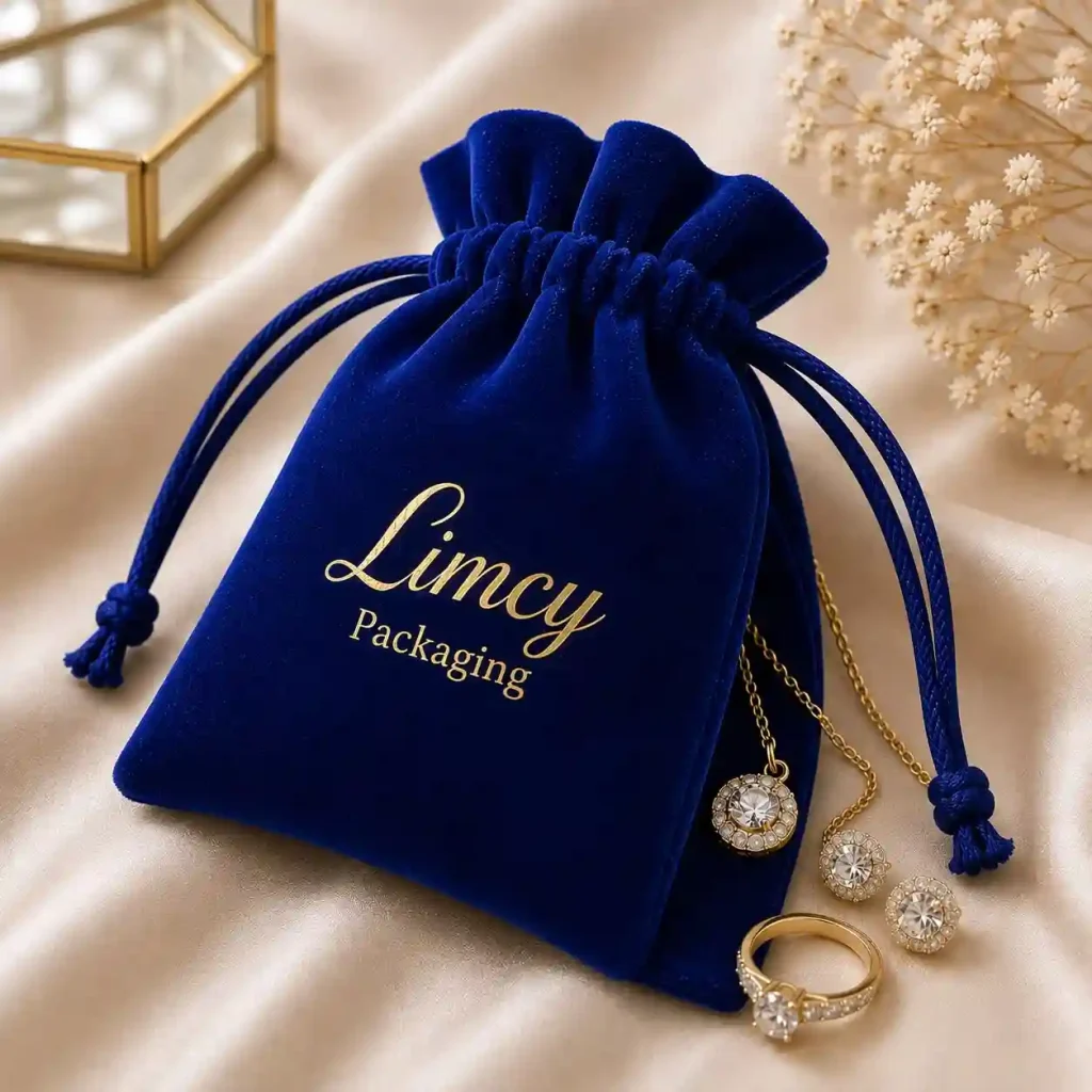 Navy blue velvet pouch with custom branded logo for jewelry and gifts