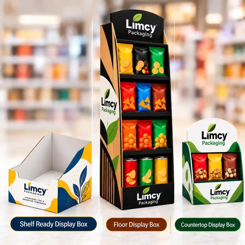 PDQ display sizes comparison showing shelf-ready, floor, and countertop display boxes