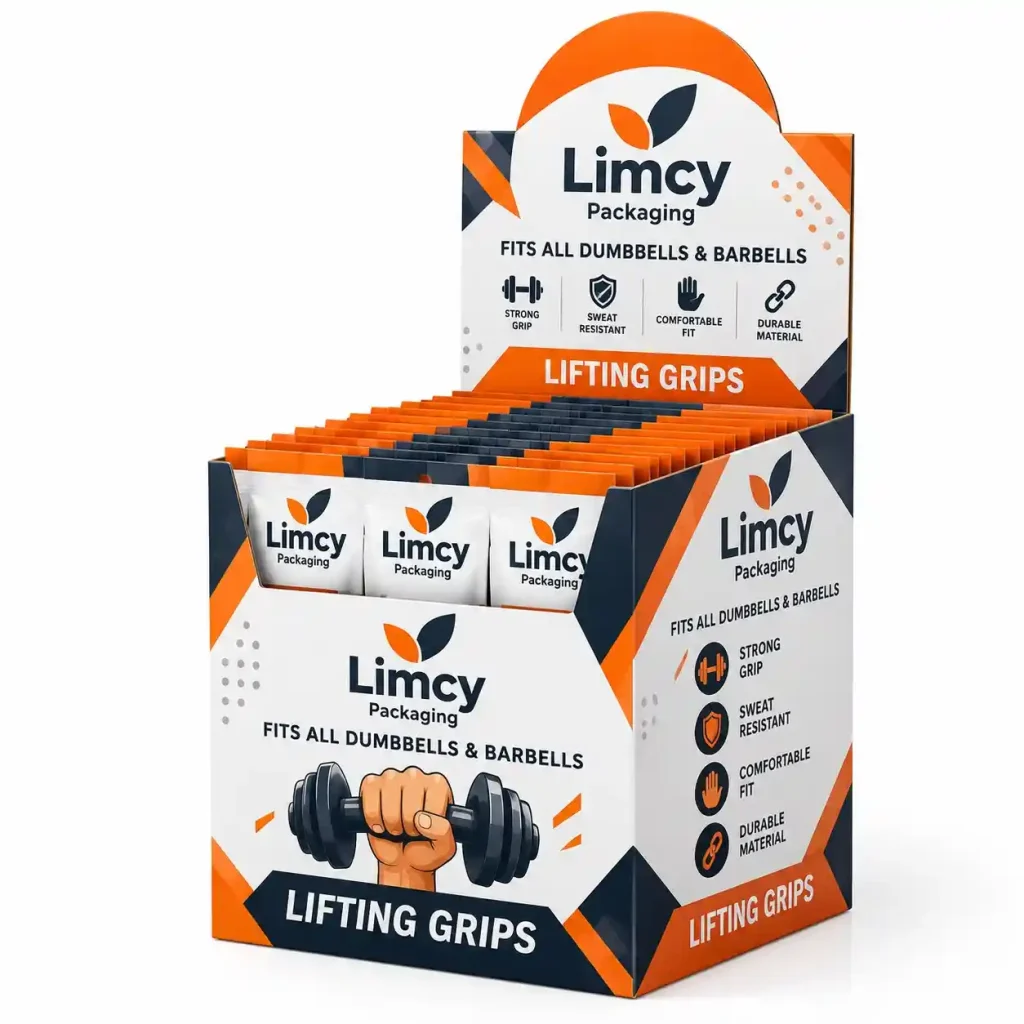 Cardboard PDQ display box for fitness accessories with shelf-ready retail packaging