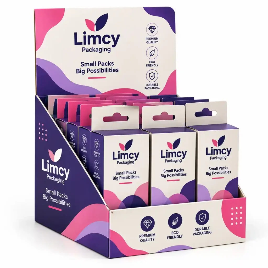 Custom cardboard PDQ display box for small retail packs with branded countertop design