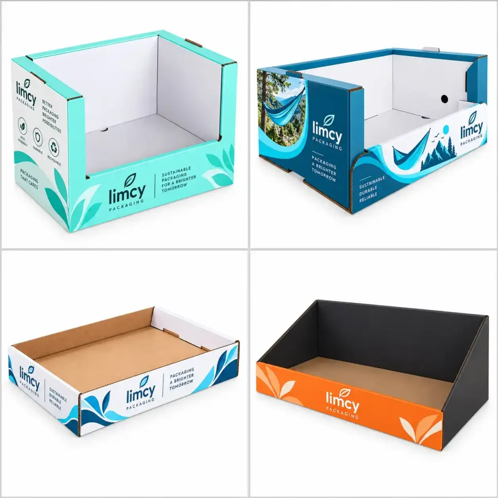 Custom PDQ tray displays by Limcy Packaging in various colors and styles