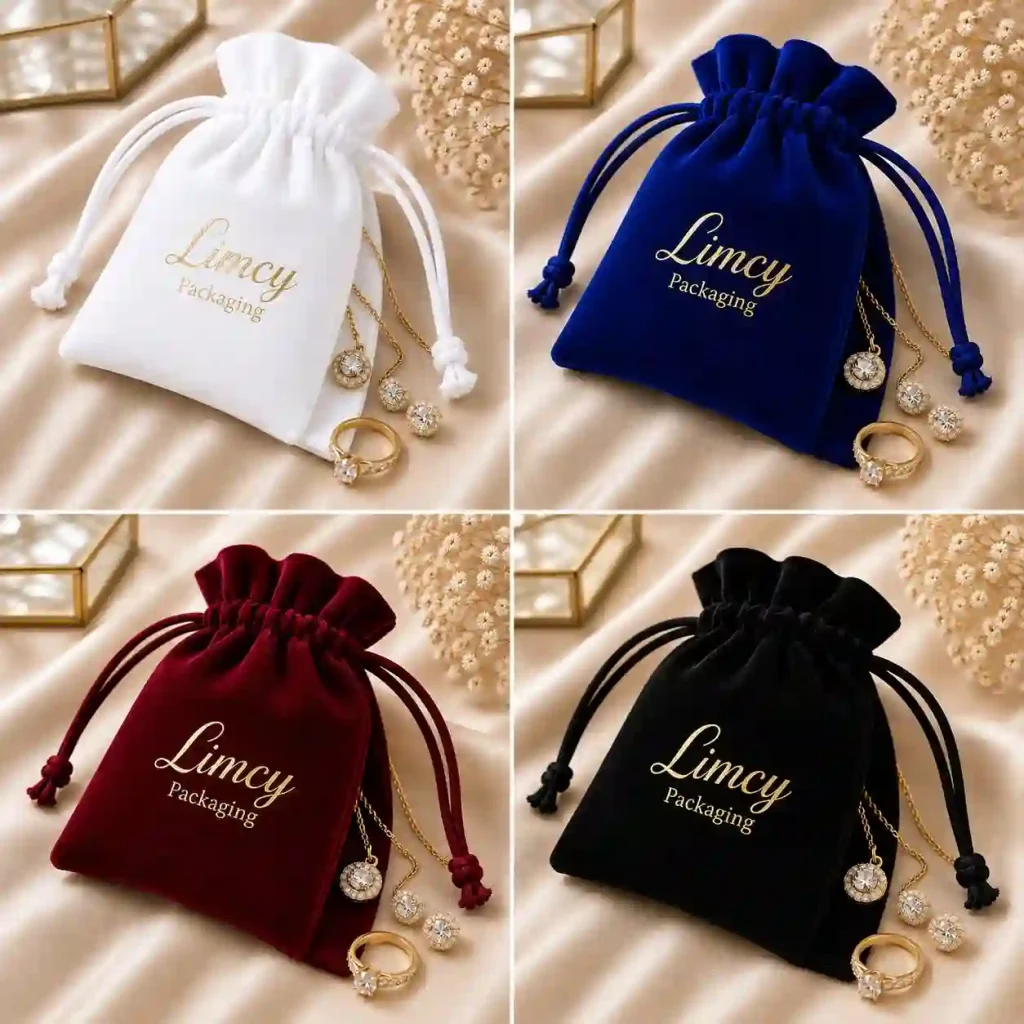 Personalized drawstring pouches in black, navy, maroon, and white velvet for jewelry and gift packaging