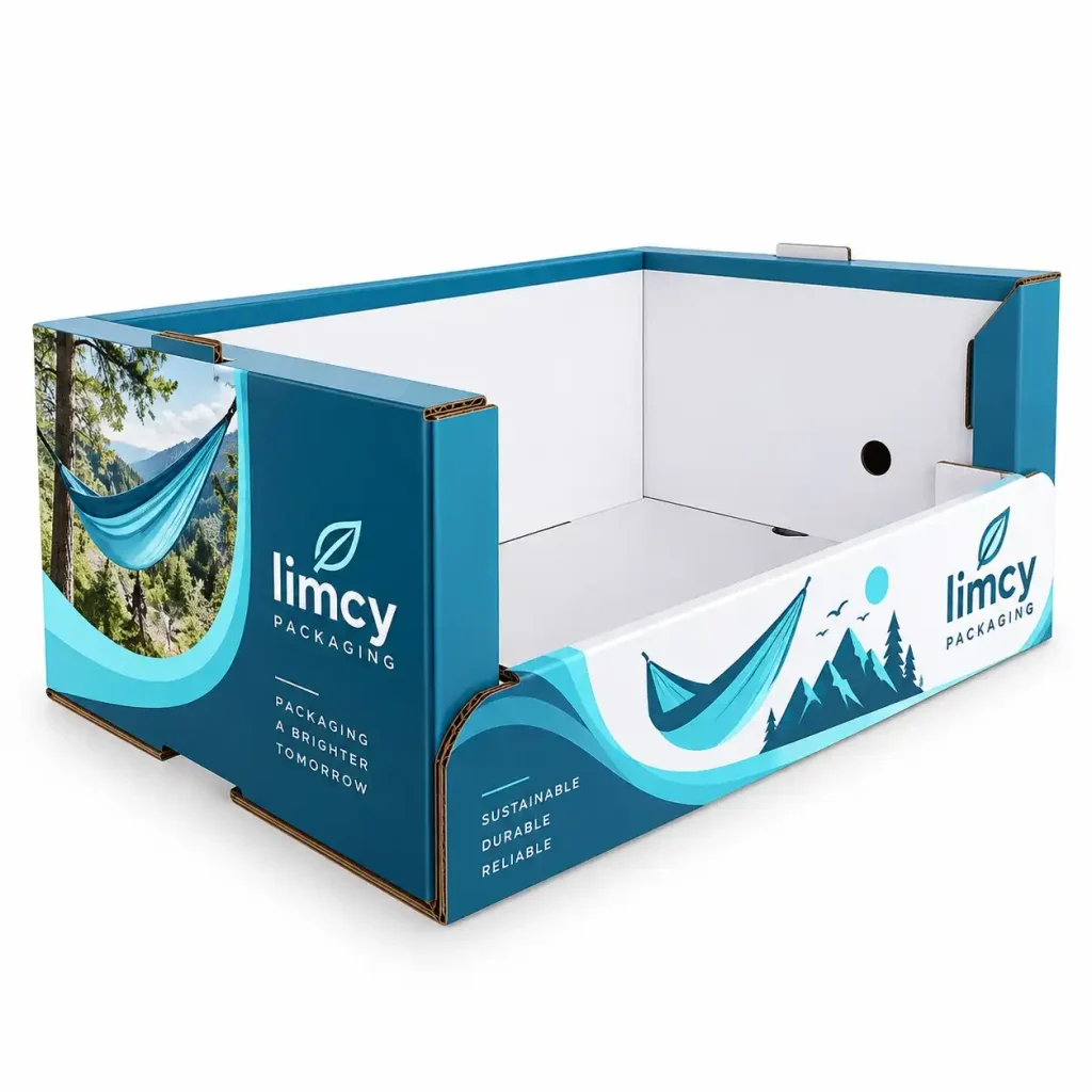 Printed PDQ tray display with custom outdoor-themed branding