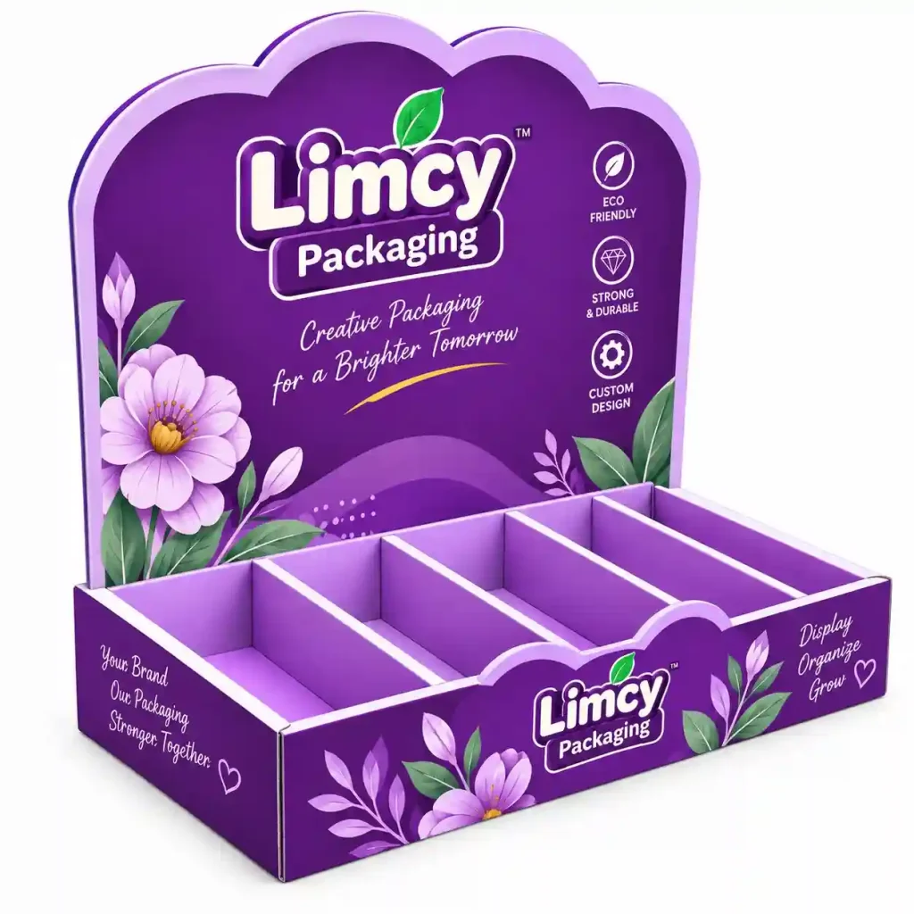 Custom countertop display box with dividers and printed branding