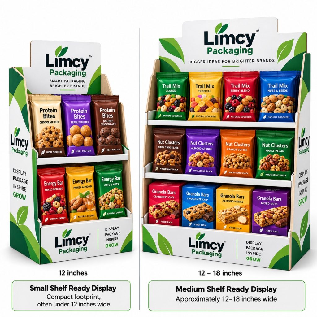 Small vs medium shelf-ready PDQ display dimensions for snack packaging