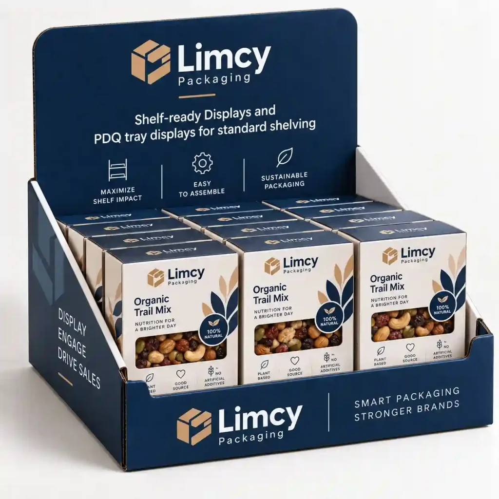 Shelf-ready PDQ tray display holding packaged organic trail mix products