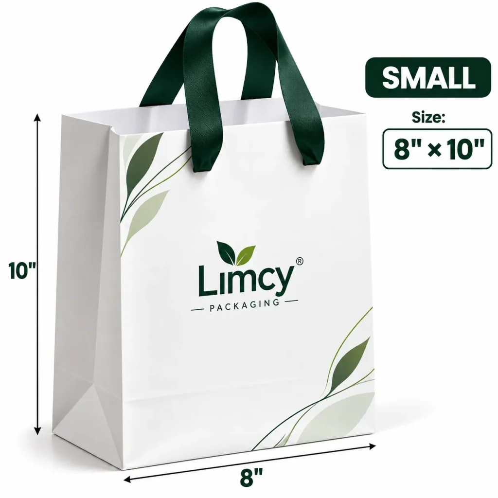 Small custom paper promotional bag, 8 x 10 inches, with green ribbon handles
