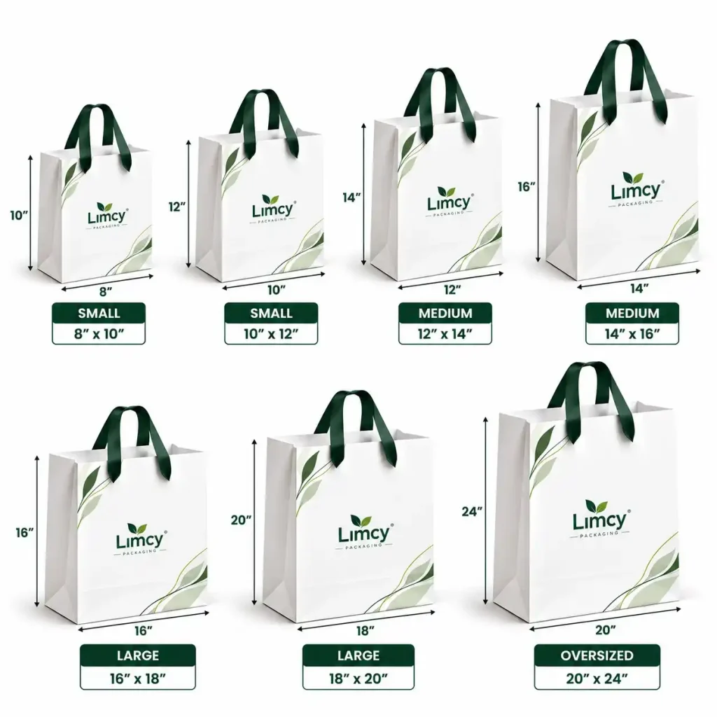 Promotional bag sizes for businesses chart showing seven Limcy paper bags from 8x10 to 20x24 inches