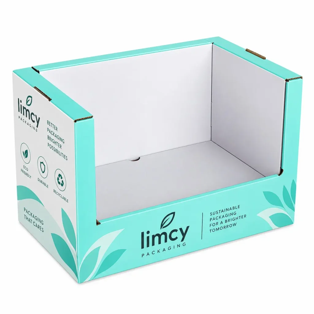 Teal custom PDQ tray display with sustainable packaging branding