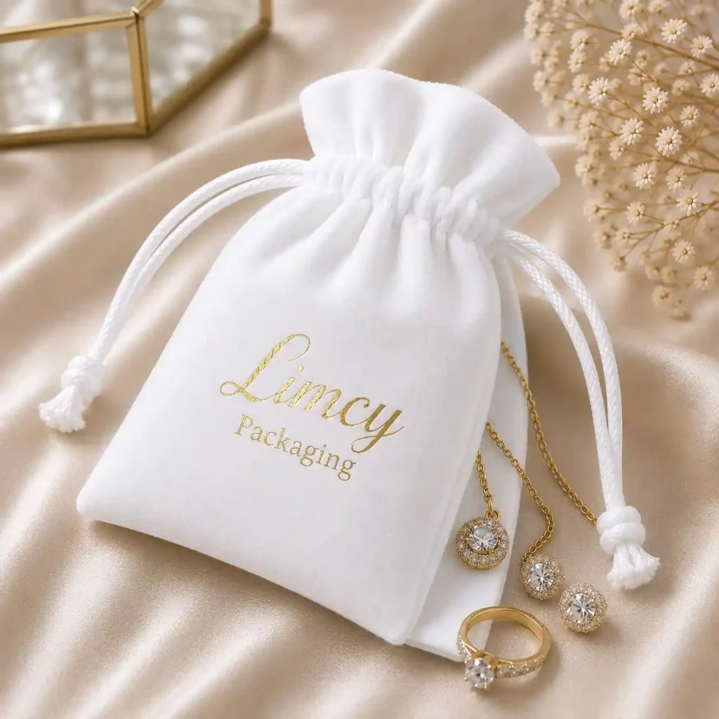 White velvet drawstring pouch with personalized logo for retail packaging