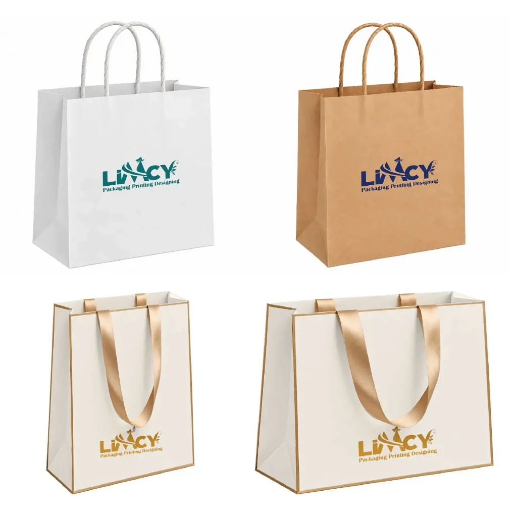 Best printed bags for retail: white kraft, brown kraft, and ribbon-handle custom paper bags with Limcy logo