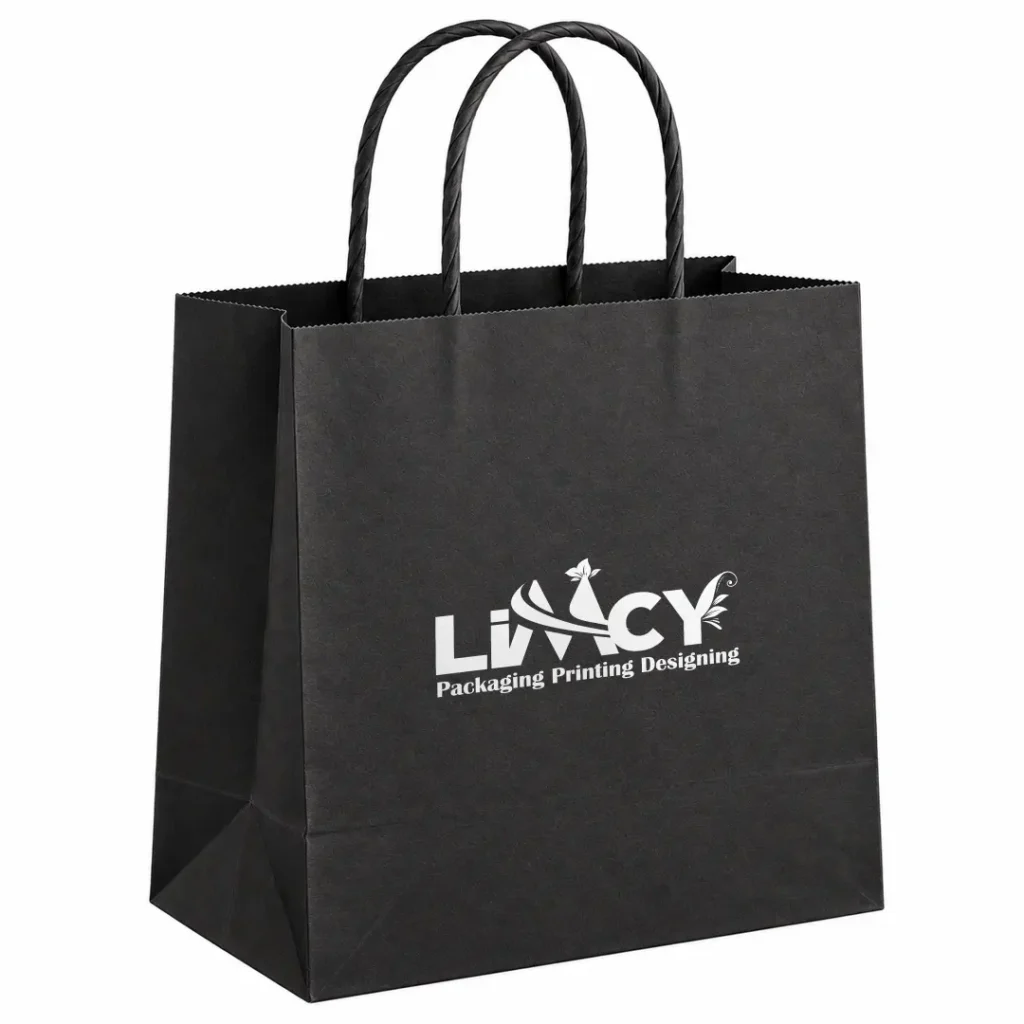 Black kraft paper bag with twisted handles and white Limcy logo