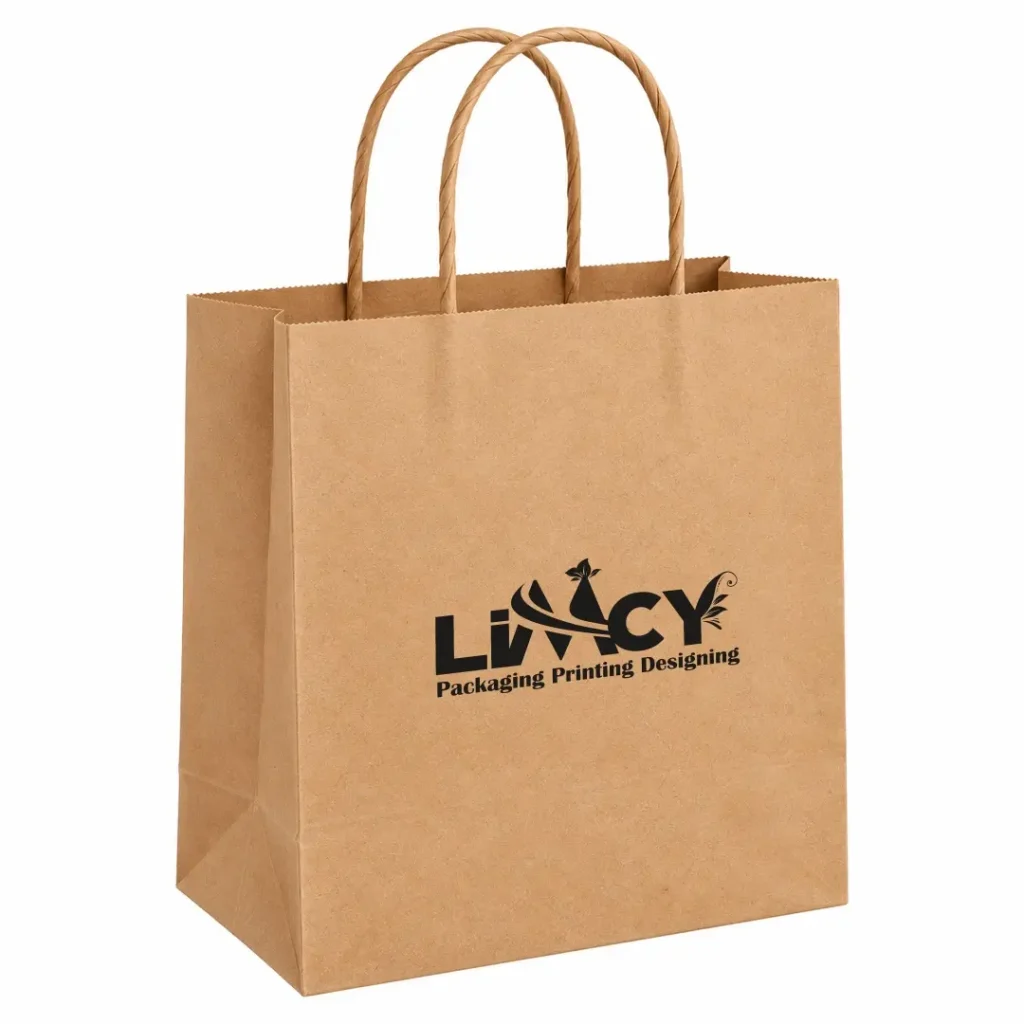 Brown recycled kraft paper bag with twisted handles and black Limcy logo